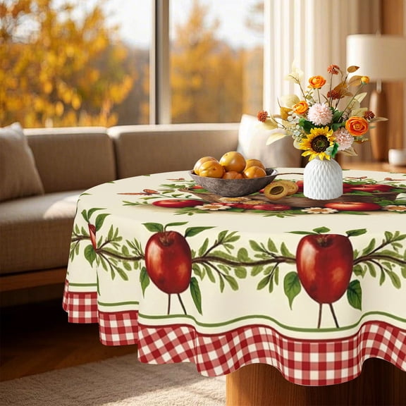 Farmhouse Sunflower Butterfly Red Apple Print Round Tablecloth, Holiday Dining Party Housewarming Decor Gift, Thanksgiving Christmas Gift