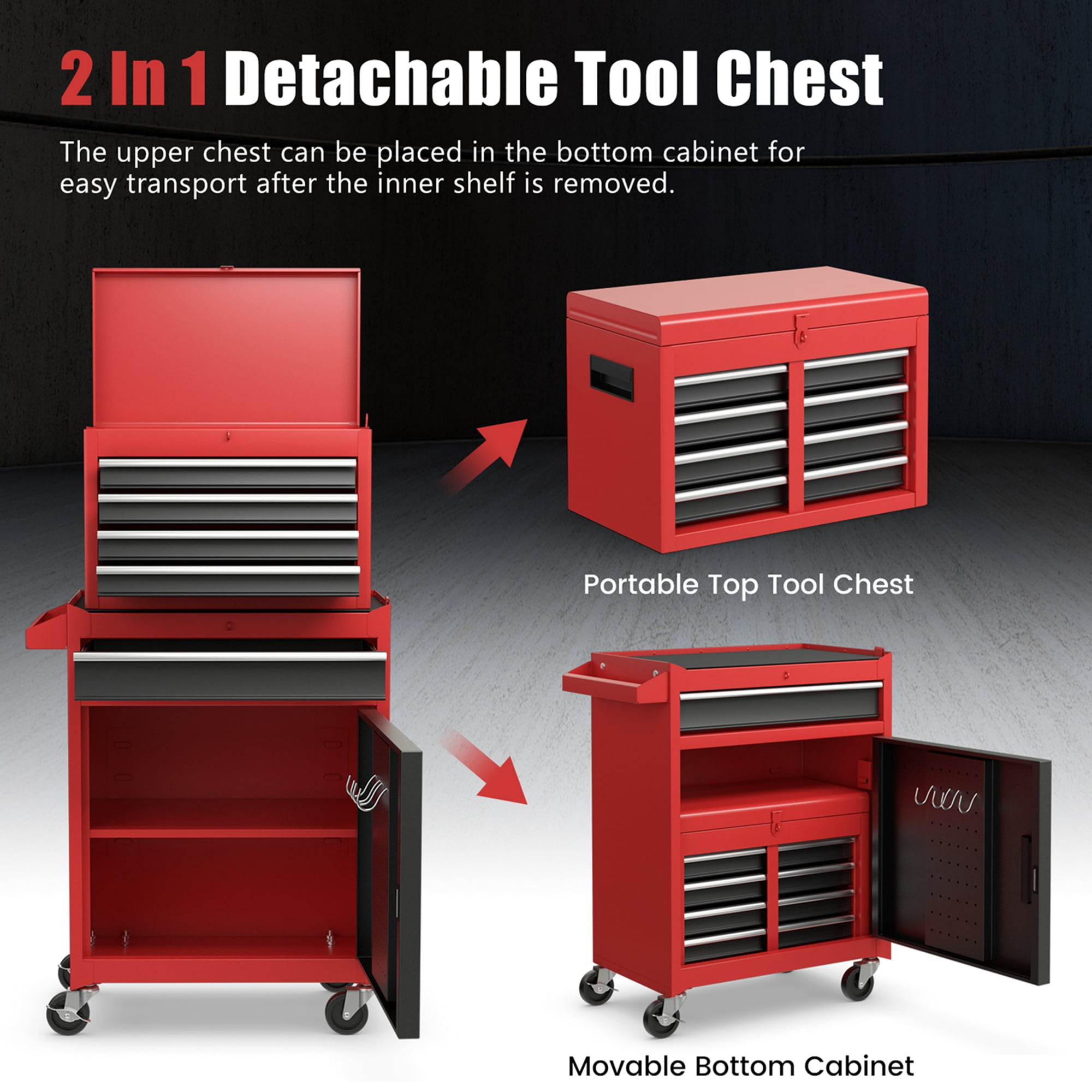 Costway 2 in 1 Tool Chest & Cabinet with 5 Sliding Drawers Rolling