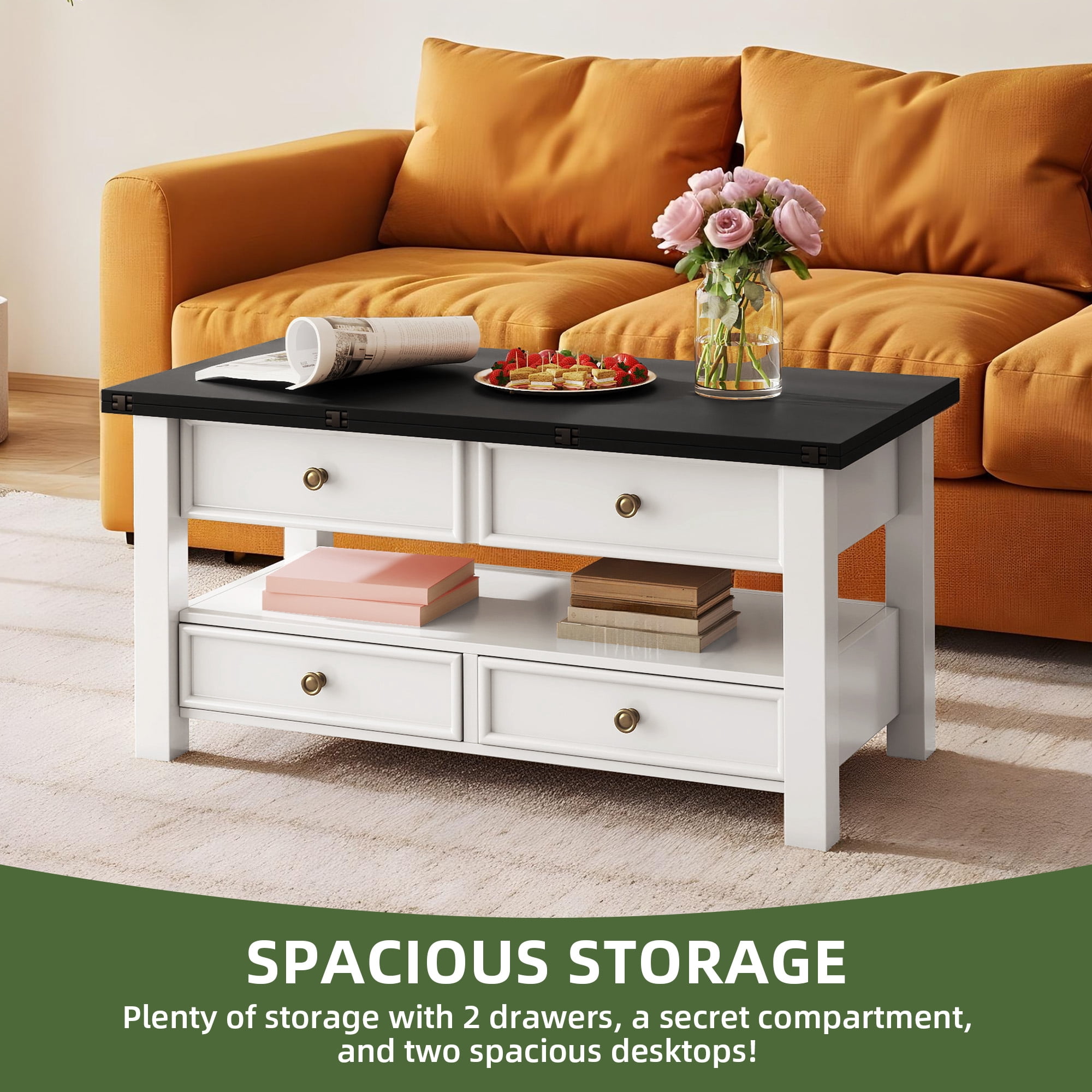Uforic Tea Table with Lift-Top Design, Hidden Storage & Drawers for Living Room & Home Office, Beige & Black