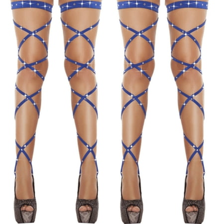

Sedceaty Women Sexy Crystal Thigh High Stockings Hollow Out Solid Color Rhinestone Cross Strap Socks Fishnet Wraps Strappy Club Tights