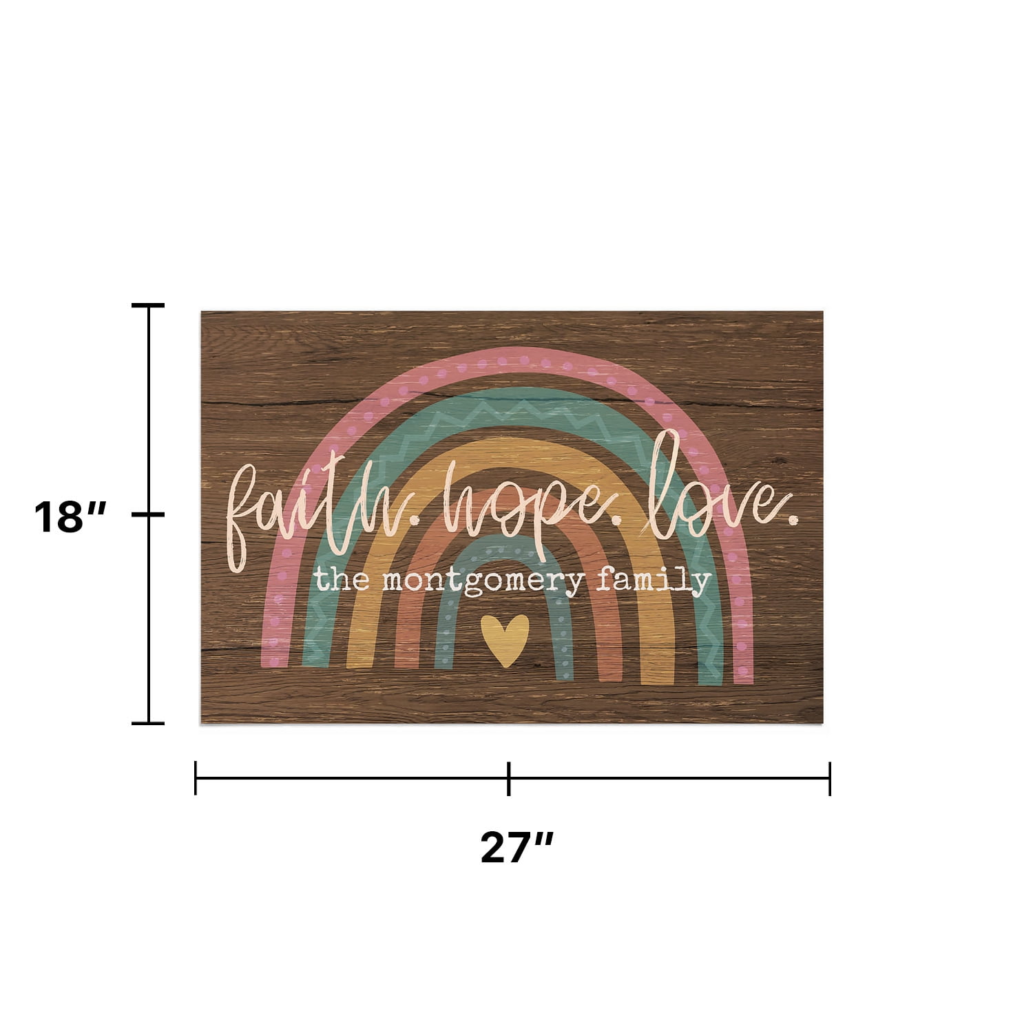 Personalized Planet 27x18 Faith Hope Love Boho Rainbow Uplifting Doormat with Custom Family Name Printed on Brown Rectangular 1/4” Thick Non Slip Mat for Kitchen Hallway Deck or Porch