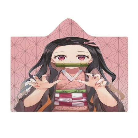 Demon Slayer Nezuko Blanket Wearable Cartoon Cosplay Hoodie Throw Blanket Hooded Cloak Flannel Fleece Shawl Wrap Nap Quilt