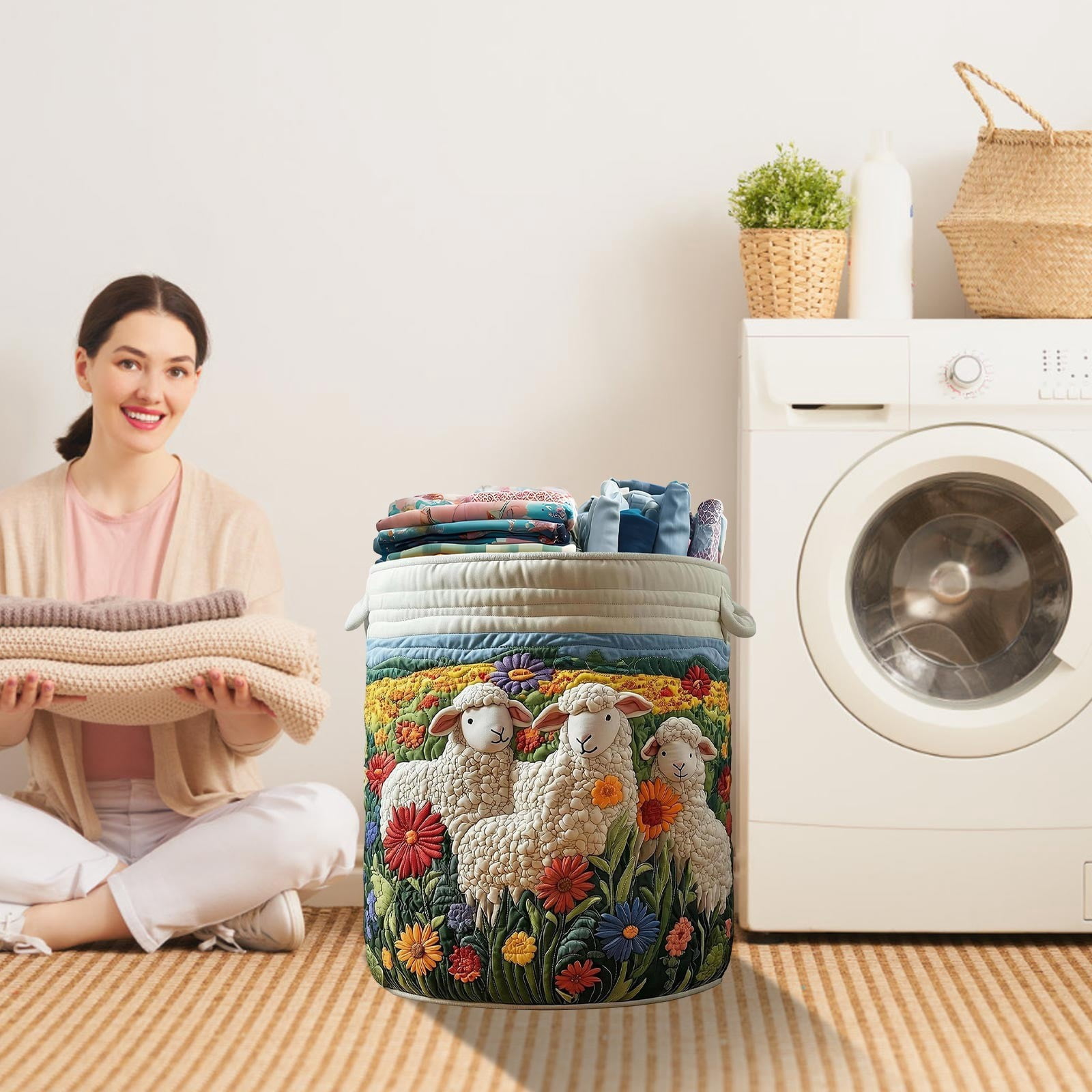 Quilted Laundry Basket with Handles, Boho Floral Fabric Hamper for Clothes & Toys,Soft Padded Collapsible Clothes Basket for Nursery, Bedroom, Laundry Room