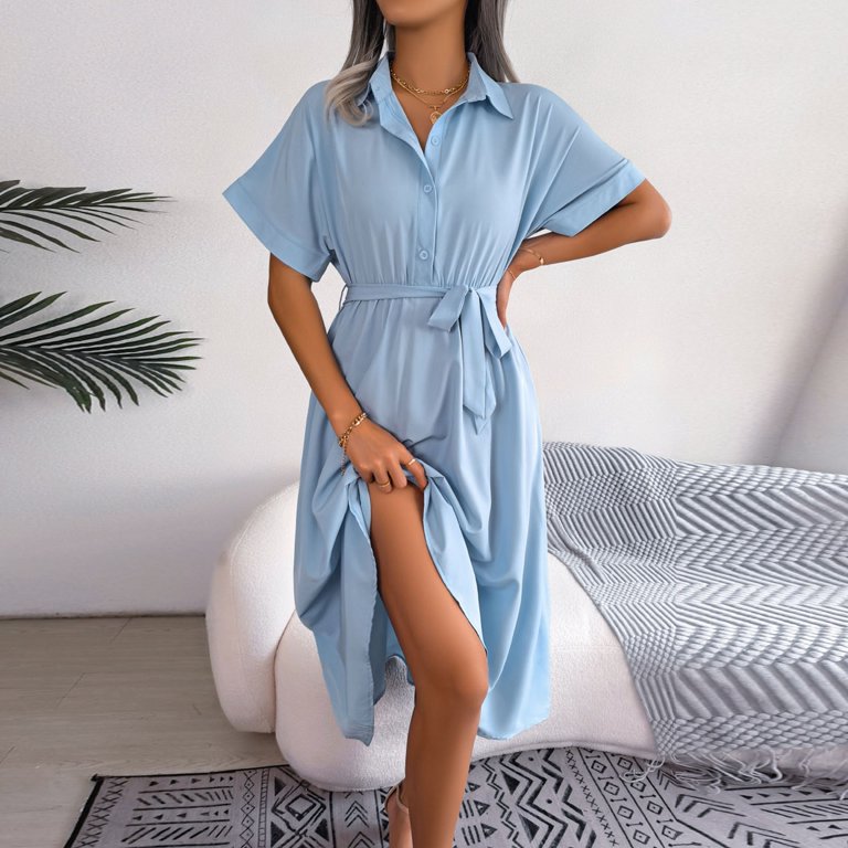 Women's Casual Loose Fitting Solid Color Tie Up Shirt Skirt Long Skirt plus  Size Shirt Dress Dress with Shorts underneath Womens Short Sleeve Dresses  Dressy Casual Dresses for Women Summer Dresses -
