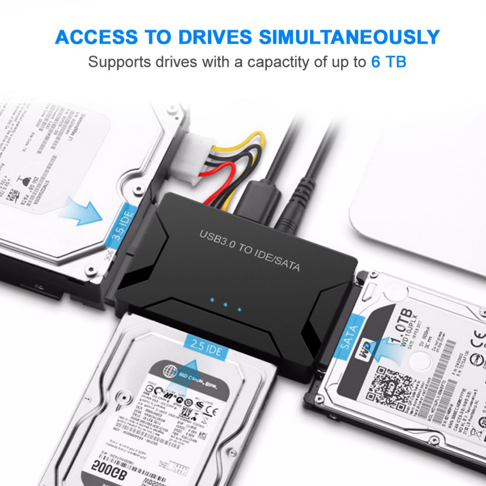 ENTSASMO Black USB 3.0 to IDE SATA Adapter USB 3.0 to SATA IDE Hard Drive Converter Combo for 2.5"/3.5" DE SATA SSD Hard Drives Disks with 12V 2A Power Adapter and USB 3.0 Cable for Laptops