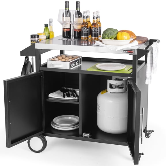 Outermust Grill Table Cart with Wheels Outdoor Kitchen Table Stainless Steel Top & Storage Cabinet for BBQ Food Prep Party
