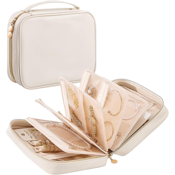 Travel Large Jewelry Binder Organizer Case with Individual Pouches -Beige