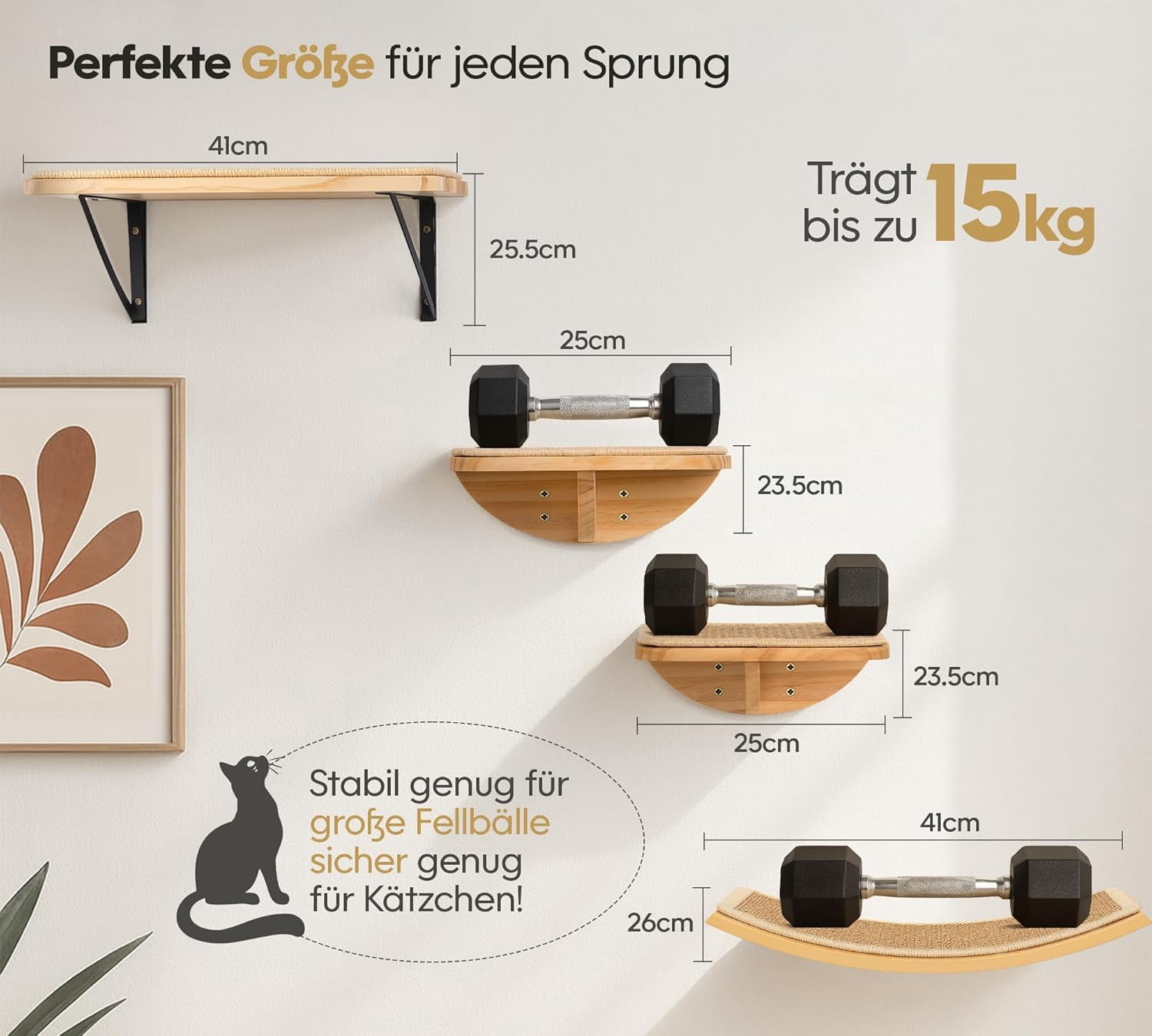 Peluomoz Curved Wood Cat Wall Perch – Wall-Mounted Floating Indoor Platform with Sisal Mat (Sleeper & Climb Shelf)