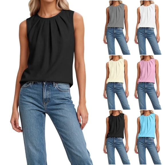 Wang6 Womens Loose Fit Tank Tops Summer Sleeveless Pleaded Tshirts Causal Crew Neck Solid Going out Tops Tees 0615liPink S
