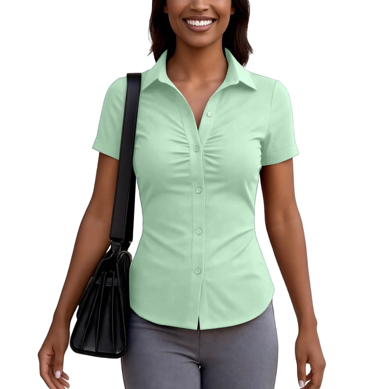 mint green dress shirt womens Wstlyeo Women's Basic Button Down Shirts Short Sleeve Stretch Button Up Slim Fit Waitress Work Shirts 2XL ometria-businesscasual