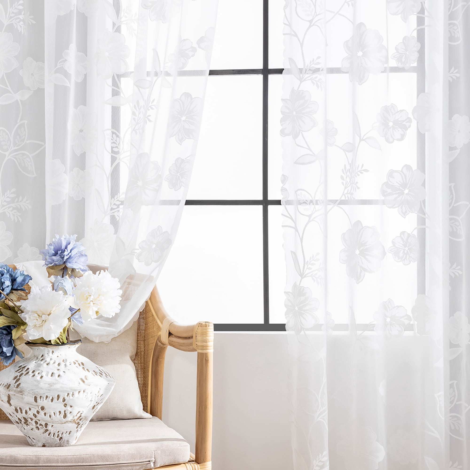 Exultantex White Sheer Lace Curtains Vintage Rose Floral Embroidered Sheer Window Drapes for Bedroom Living Room,54"wx63"L,2pcs,Rod Pocket