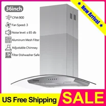 36 inch Island Range Hood 900 CFM Ceiling Mount Kitchen Vent Hood Ducted/Ductless Convertible 4 LED Lights 5-Layer Filters Extractor Stove Exhaust Fan, Curved Tempered Glass Stainless Steel