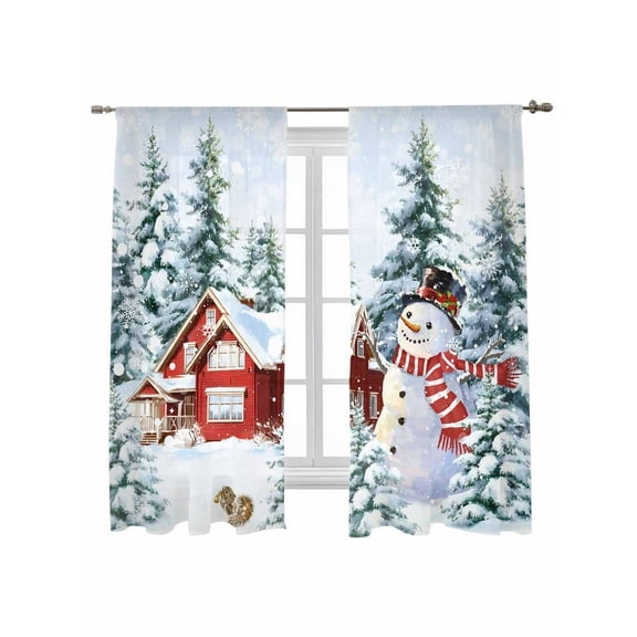 Christmas Sheer Curtains 72 Inch Long 2 Panels, Winter Snowman Christmas Tree Farmhouse Snow Scene Light Filtering Rod Pocket Semi Sheer Curtains, Sheer Voile Drapes for Living Room Bedroom, 52"x72"