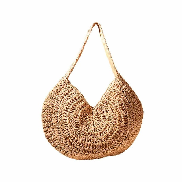 Bolso de playa redondo de paja tejido a mano, elegante bolso de verano para mujer, bolso de mano de paja hecho a mano B