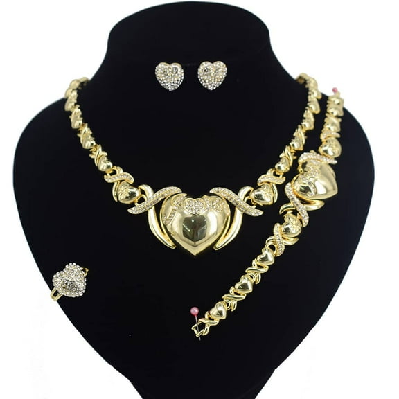 Women's Hugs & Kisses XOXO Heart Charm Necklace Set 18k Layered Real Gold Plated Includes Necklace Bracelet Earrings Ring Set