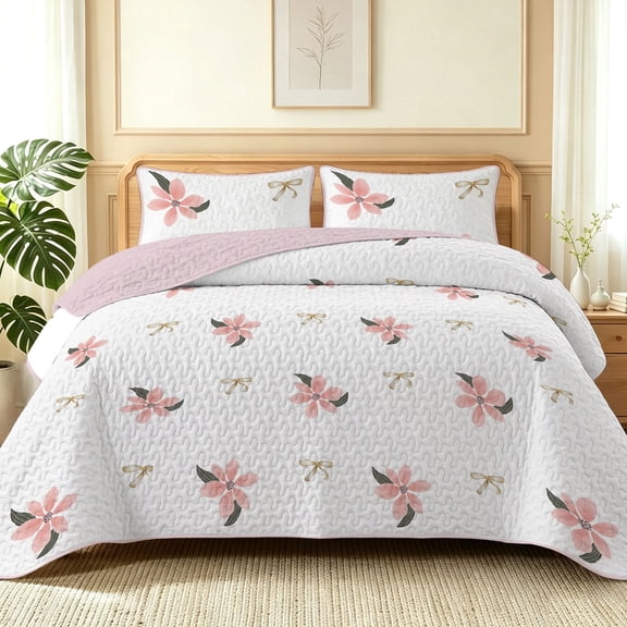 Davulos Pink Floral Quilt Set King/Cal King Size,3 Piece Flower & Golden Bow Pattern Bedspread Coverlet Sets,Lightweight Bed Cover Minimalist Bedding for Women Bedroom