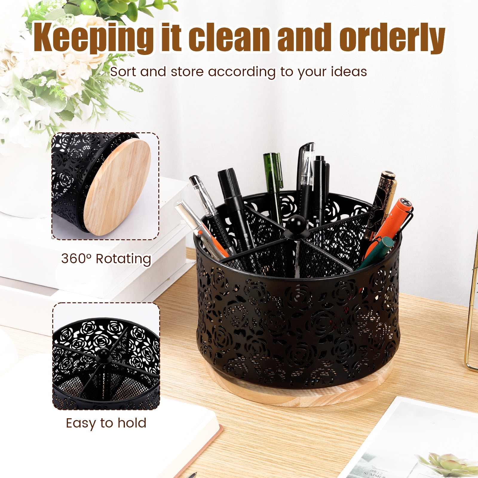Tzdxfgl 360° Rotating Metal Utensil Holder for Countertop, 4 Compartment Silverware Caddy Organizer, Utensil Cutlery Holder, Fork Spoon Napkin Organizer, Flatware Storage Basket