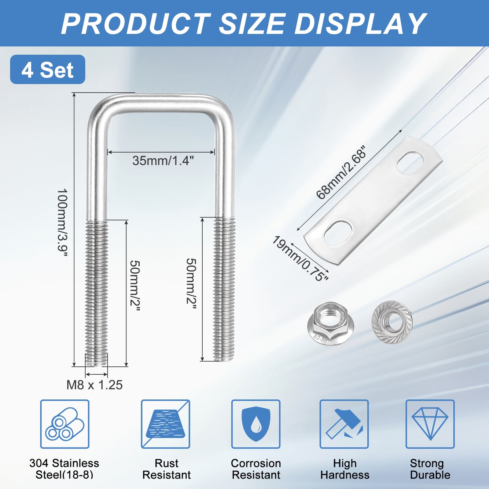 Uxcell 4 Set M8 1-3/8 Inch Inner Wide Square U Bolts, 4 Inch Length 304 Stainless Steel U-Bolts with Flange Hexagon Nuts, Frame Plates for Trailer, Automotive, (35mm W x 100mm L)