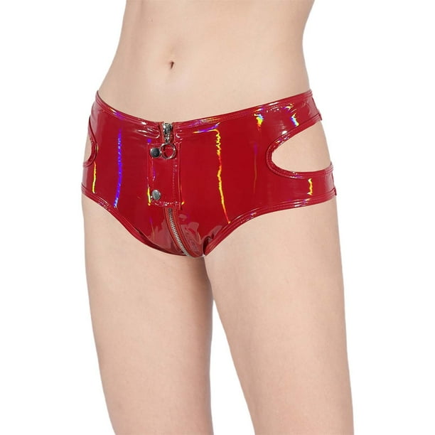 MKLEKYY Pantalones Cortos de Mujer de Cuero Brillante con Cremallera Sexy con Entrepierna Abierta para Fiesta En Discoteca, Pantalones de Moda para Mujer