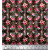 Soimoi Brown Cotton Duck Fabric Feather & Ranunculus Floral Printed Fabric 1 Yard 42 Inch Wide