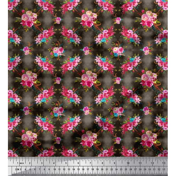 Soimoi Brown Cotton Duck Fabric Feather & Ranunculus Floral Printed Fabric 1 Yard 42 Inch Wide