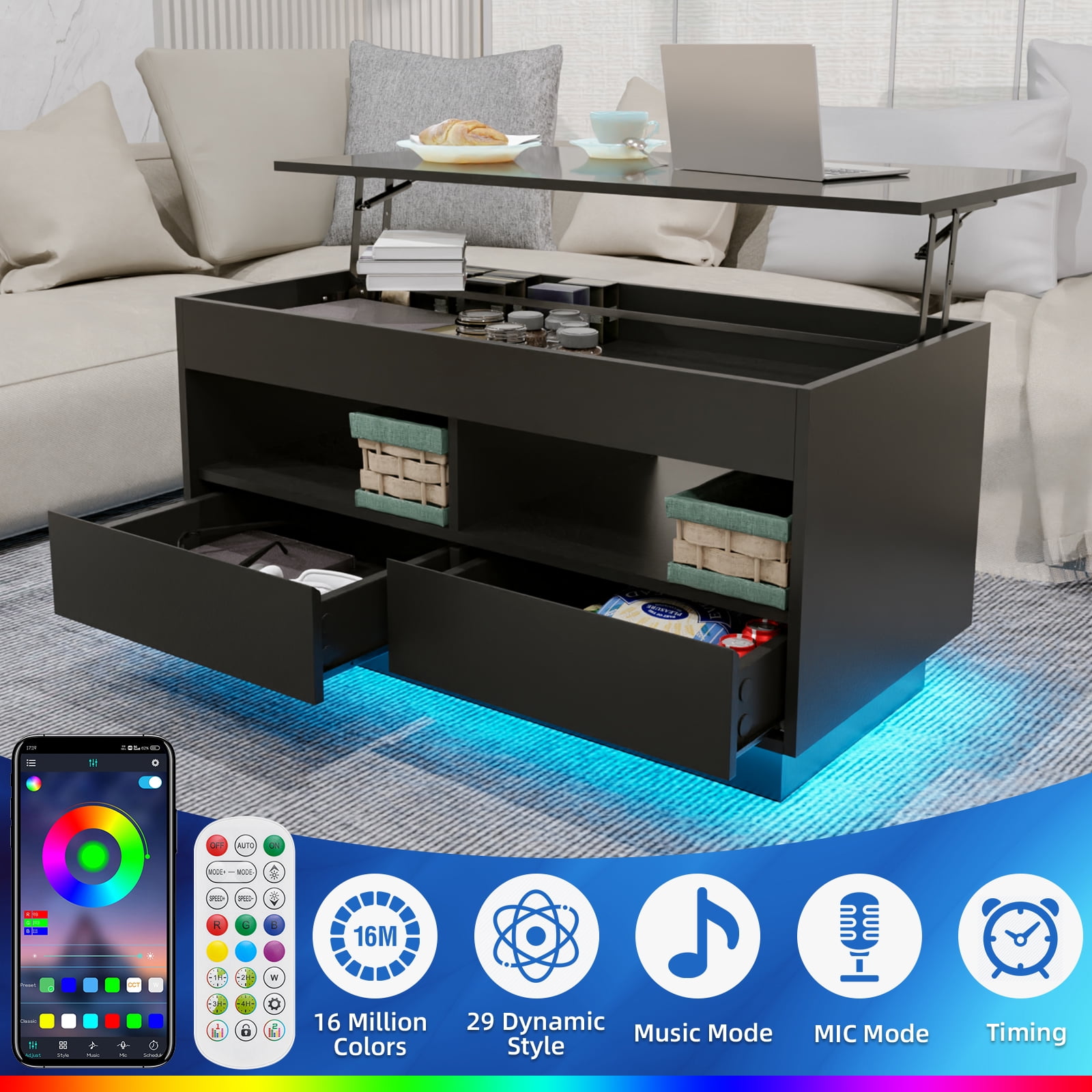 Hommpa Lift Top Coffee Table with LED Lights 40" Rectangle High Gloss End Table with Hidden Storage Open Shelf for Living Room Bedroom