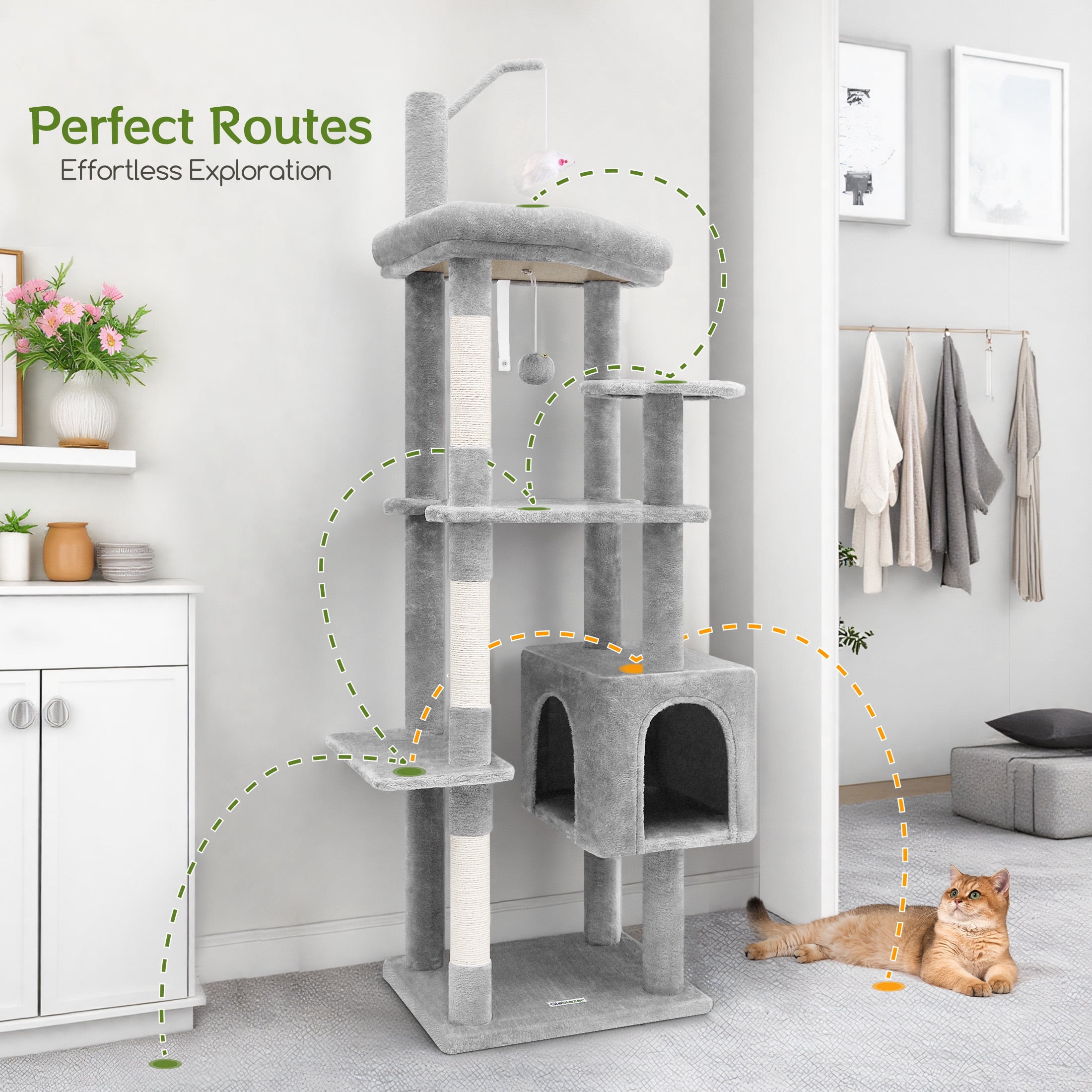 T65F 64" Tall Cat Tree Tower for Large Cats, Spacious Condo, Scratching Posts & Teaser Mouse