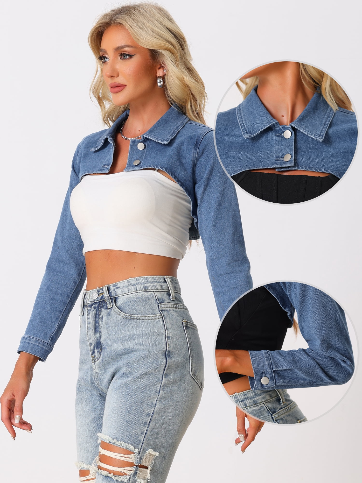 Unique Bargains Jean Crop Top for Women's 2 Button Long Sleeve Cropped Denim Jackets XL Blue