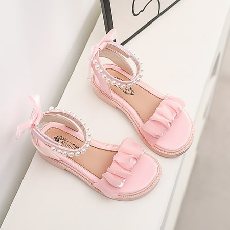 

Girls Pearl Bow Ruched Decor Hook-and-loop Fastener Princess Sandals Kids Summer Shoes