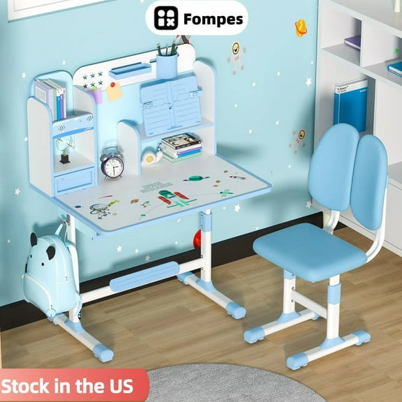 Fompes Height Adjustable Kids Desk and Chair Set Ergonomic Children's Desk and Chair Set with Sitting Corrector Book Stand Foot Pedal Partition Design Kids Interactive Workstation - Blue