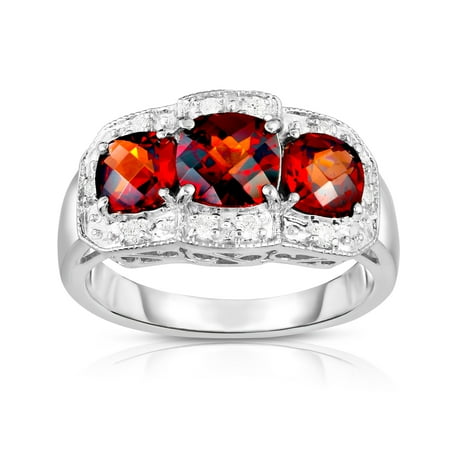 - 14k White Gold Cushion Garnet and Diamond (0.15 Ct, G-H, SI2) Cocktail Ring