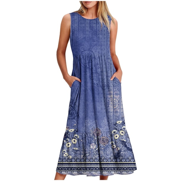 Vestido sin Mangas para Mujeres Vestido de Verano de Cuello Redondo Impreso, Poliéster de Tamaño Verdadero Diario Y Vestido de Fiesta