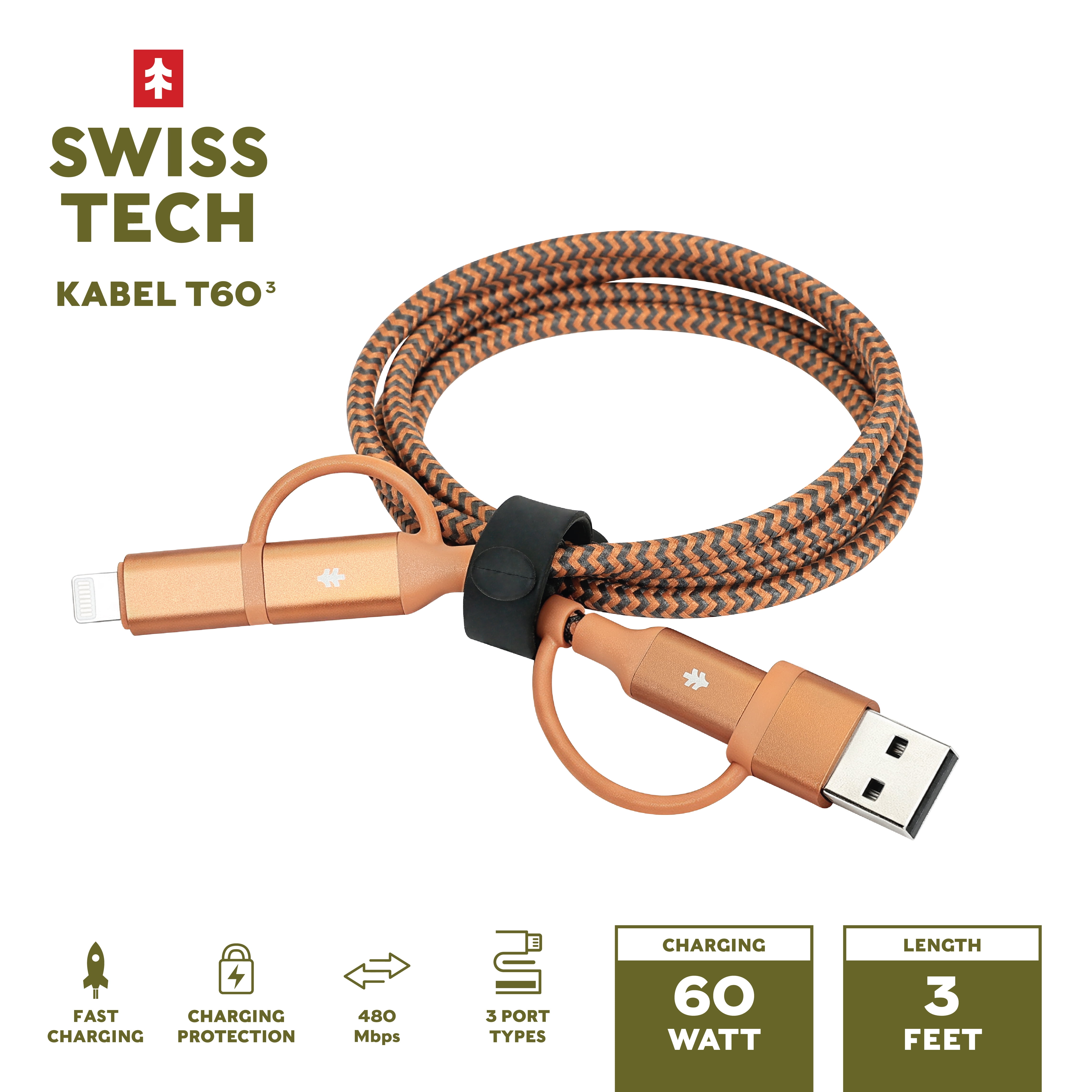 Swiss Tech Kabel T60 3 ft 60W 4-in-2 USB-C to USB-C/Lightning Charging Cable, Terra Orange