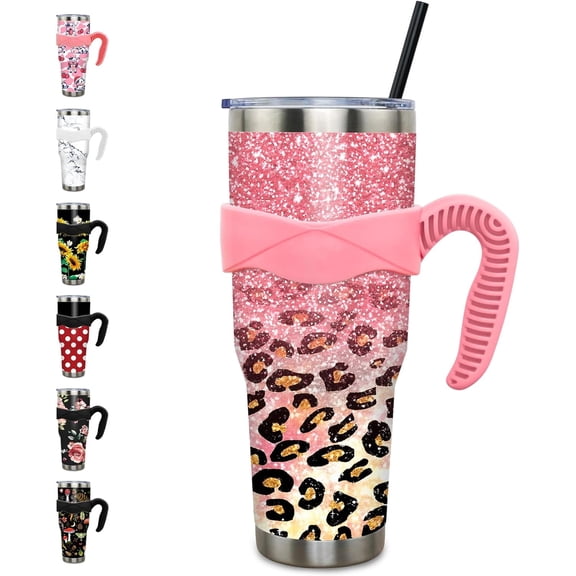 40 oz Tumbler with Handle and Straw Leak Proof 40oz Pink Leopard Glitter Cup Insulated Stainless Steel Coffee Travel Mug Leopard Stuff Gift for Women