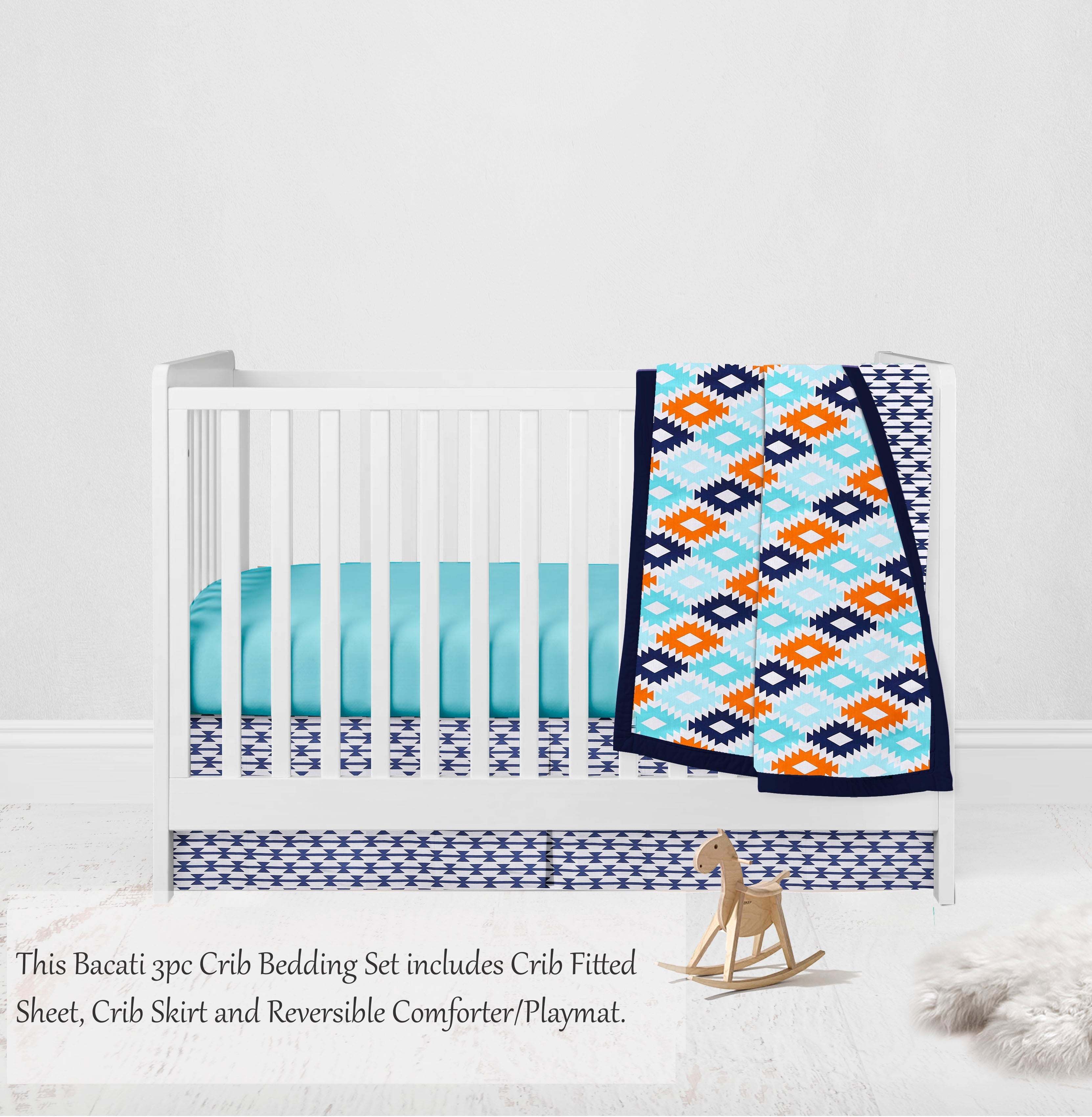 Bacati - Aztec Liam 3-Piece Crib Bedding Set - Aqua/Orange/Navy Boys