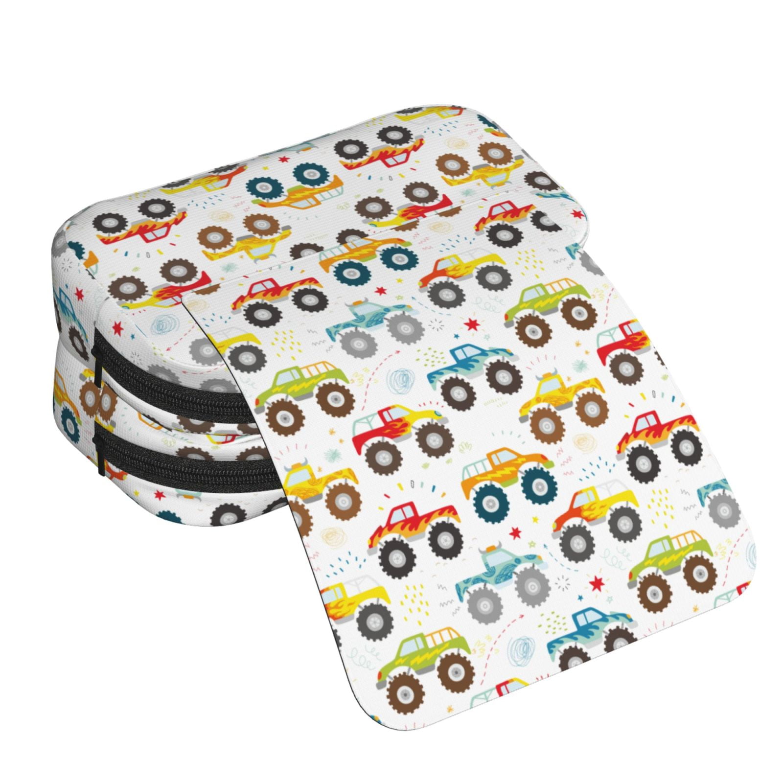 Rateoe Cartoon Monster Trucks Pattern Double Clamshell Pen Case, Storage Organizer with Two Zipper Compartments– Holds Up to 50 Pencils & Pens