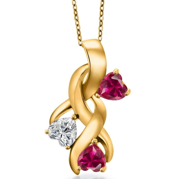 Gem Stone King 18K Yellow Gold Plated Silver Lab Grown Diamond and Red Created Ruby Pendant Necklace for Women | 1.64 Cttw | Gemstone April Birthstone | Heart Shape 5MM | With 18 inch Chain