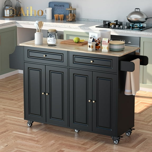 Aiho 45.5'' Kitchen Island Cart with Storage , Rolling Kitchen Island with Folding Drop Leaf Breakfast Bar for Dining Room, Black