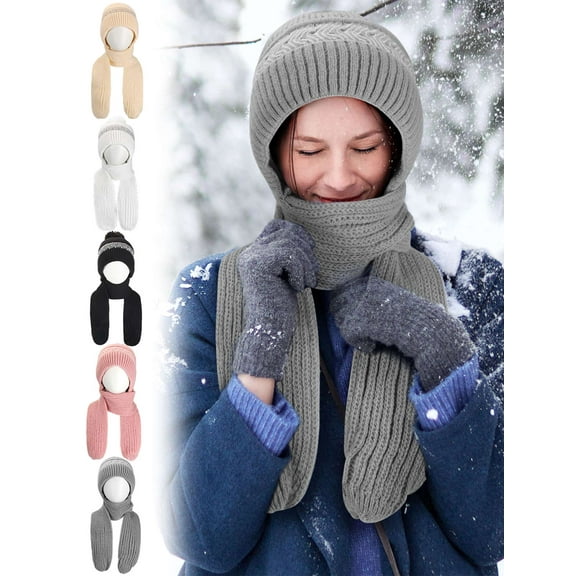 BadPiggies Women Winter Beanie Hat Scarf Set, Knitted Fleece Lined Pompom Skull Cap with Long Scarf Neck Warmer Ear Protection 2 in 1 - Pink