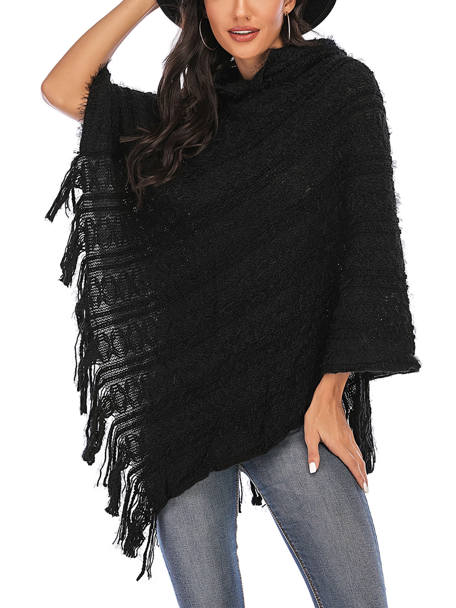 Women's Asymmetric Hem Poncho Sweater Pullover Shawl Knitted Winter ...