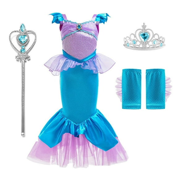 Mermaid Costume Fancy-Dress with Gloves for Little Girls 3-8Y