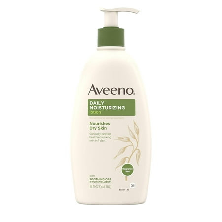 Aveeno Daily Moisturizing Body Lotion with Soothing Oat and Rich Emollients to Nourish Dry Skin, Fragrance-Free, 18 fl. oz 18 Fl Oz (Pack of 1)