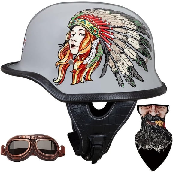 German Style Retro Motorcycle Half Shell Cap 100% DOT Approved Adjustable Quick Release Buckle for Men Women with Goggles