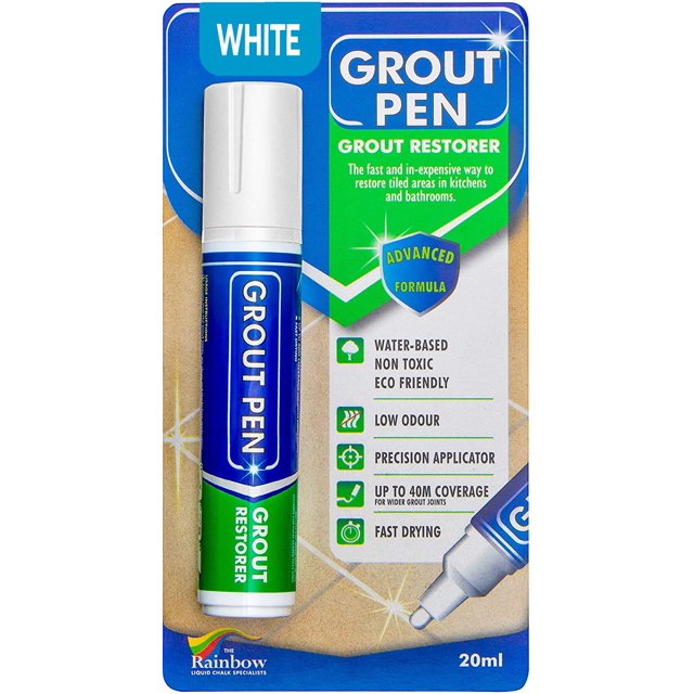 Rotulador blanco para azulejos Grout Pen: pintura impermeable para lechada, colorante para lechada para azulejos y bolígrafo sellador, blanco, punta ancha de 15 mm (20 ml)
