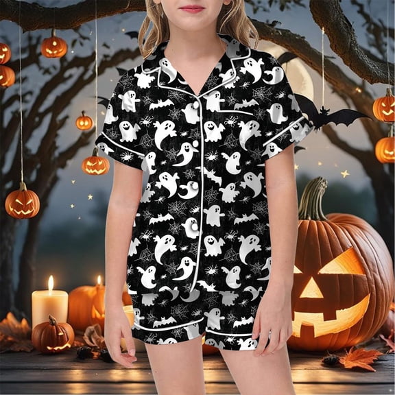 BOOMNY Halloween Girls 2 Peice Pajamas Sets Hallowmas Pumpkin Ghost Graphic Short Sleeve Buttons Sleepwear Tops Shorts Pjs Set for Kids Cozy Loungewear Homewear