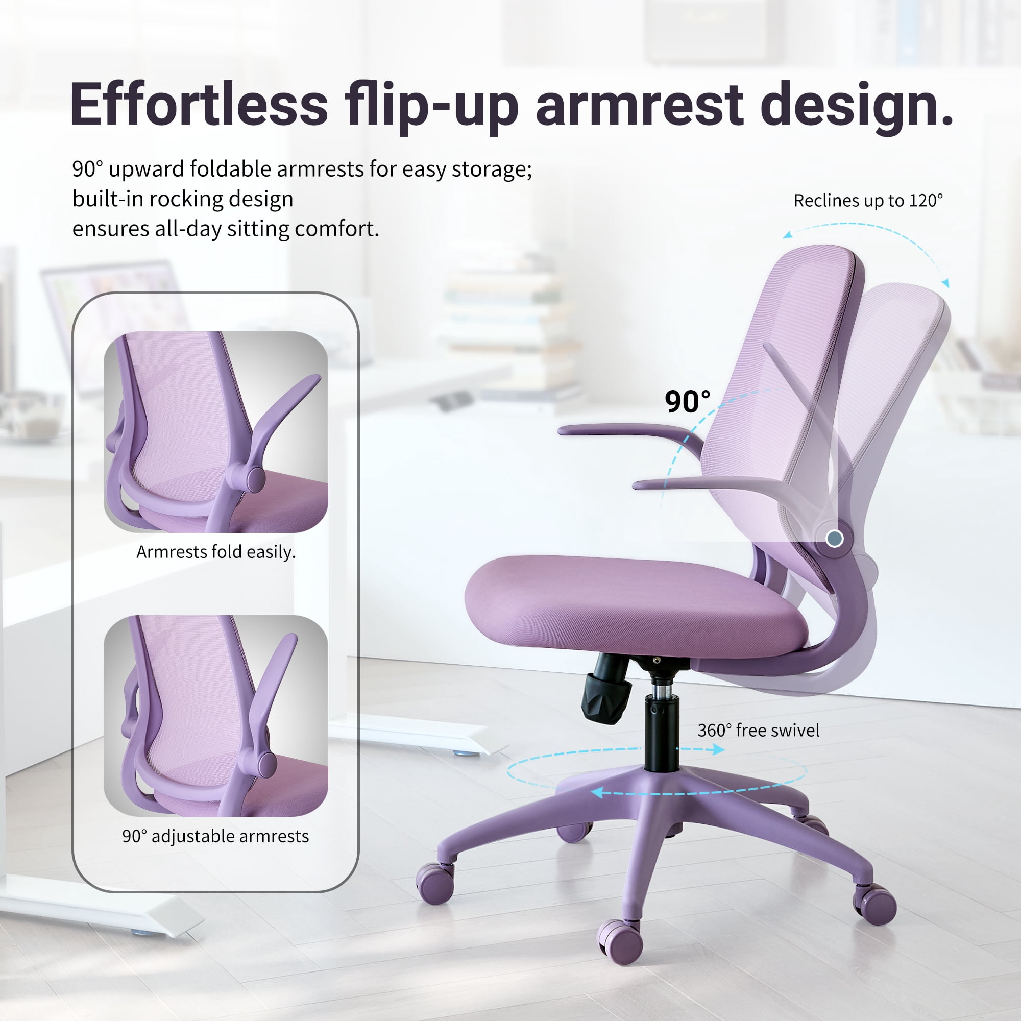 HOQBN Ergonomic Office Chair with Flip-Up Armrests, Breathable Mesh Back, Integrated Molded Foam Seat, 350lb Capacity,Purple