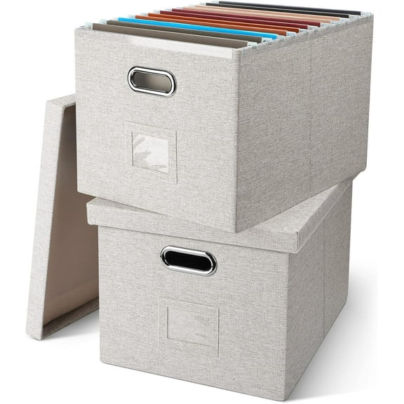 File Organizer Box, Collapsible Storage Filling Collectior with Lid for Letter Legal Size Hanging Folders Decorative Linen File Folder Box Document Storage Filing Bin, Beige 2 Pack