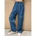 thumbnail image 4 of YONGHS Kids Girls Cargo Jeans Wide Leg Baggy Denim Pants Loose Trousers with Flap Pockets Blue 7-8, 4 of 7