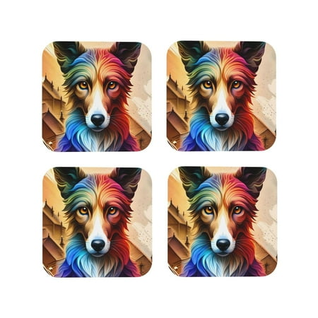 

Fuzoiu Colorful Art Dog Print Leather Coasters Set Drink Coasters Set of 4 for Tabletop Protection Durable PVC Coasters Home Décor and Housewarming Gift-Square