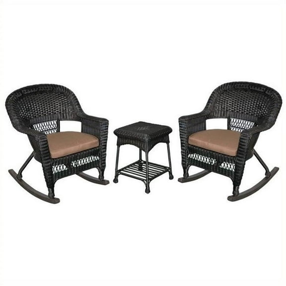 Pemberly Row 3pc Wicker Rocker Chair Set in Black with Brown Cushion